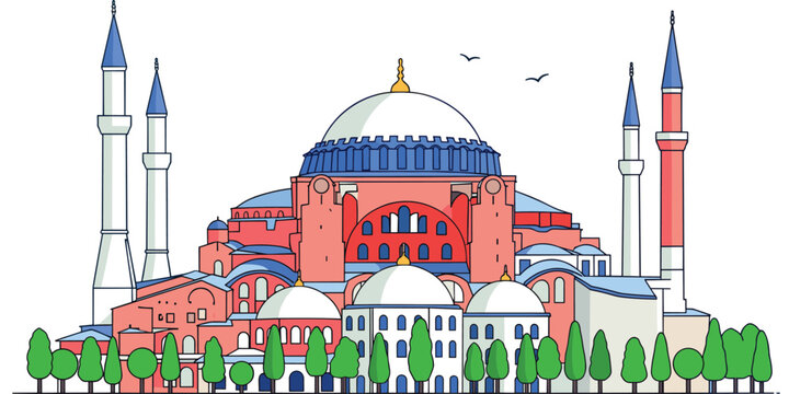 Hagia Sophia mosque landmark with domes and minarets historic Istanbul architecture vector illustration