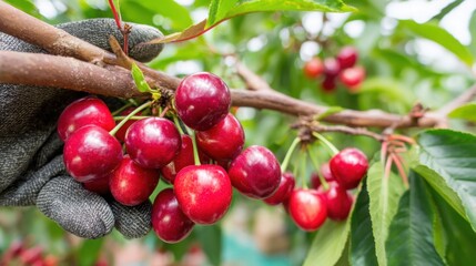 Obraz premium Close-up of gardener's gloved hands inspecting a cluster of ripe red cherries on a tree branch