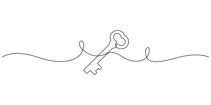 Minimalist continuous line drawing of a key, concepts of security, access, or solutions