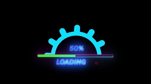 Neon Loading Progress Bar with Percentage and Rotating Gear Icon