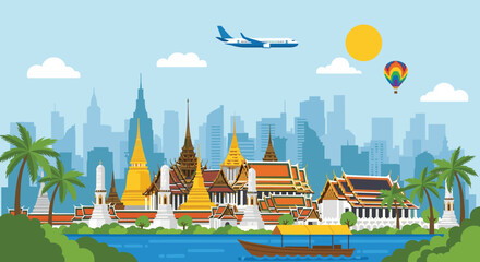 Fototapeta premium Thailand temple landscape with Bangkok city skyline traditional architecture travel tourism vector illustration