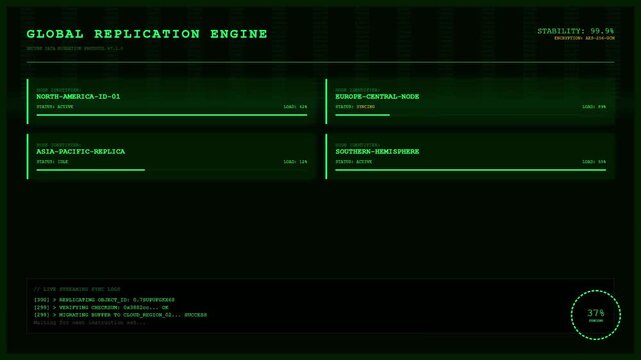 Global Replication Engine 3D Tech Background &ndash; Secure Data Migration Visualization.