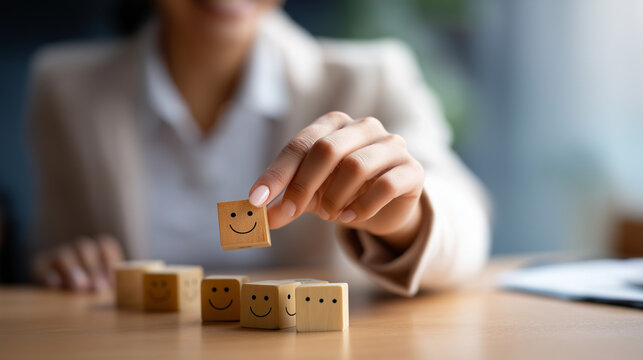 Customer service evaluation and satisfaction survey concept faceless client's hand picking happy face smile symbol on wooden blocks emoticon icons on cubes customer service asse
