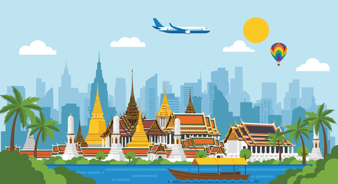 Thailand temple landscape with Bangkok city skyline traditional architecture travel tourism vector illustration