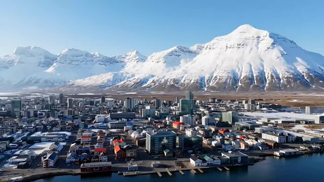 Aerial view of a cityscape with snow-capped mountains in the background near a harbor with docks and buildings