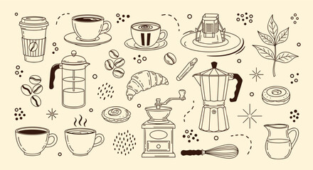 Obraz premium Artistic Doodle Collection of Coffee Shop Elements and Breakfast Pastries in a Warm Beige Palette