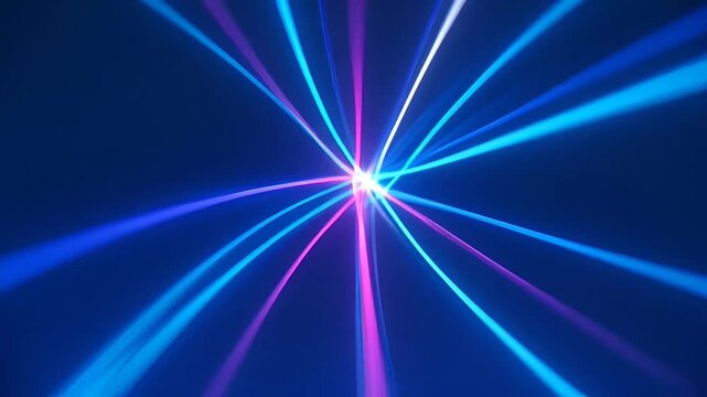 Cinematic 8K ultra-realistic telephoto drone view capturing vibrant blue and purple light rays converging at a central point in a dark environment