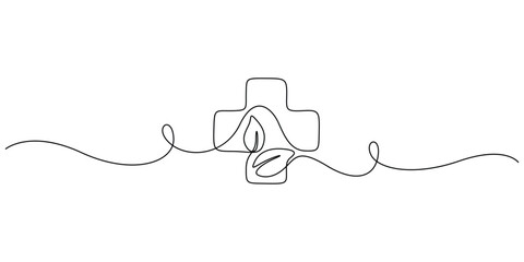 Obraz premium Continuous line drawing of medical cross with leaves minimalist one line art Natural medicine concept with single line medical cross and leaf illustration