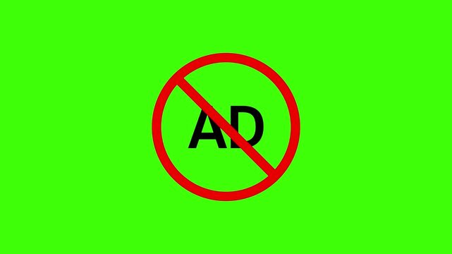 No Ad Concept Icon Animation: Ad Blocker Symbol with Prohibitory Red Circle and Slash over Black Text on Green Background for Digital Marketing, Privacy, and Ad-Free Premium Subscription Services