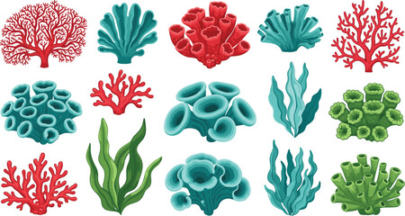 Collection of colorful coral reef and sea plants underwater marine life vector illustration set © EdGe Creative