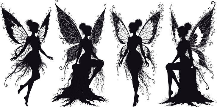 Black silhouette vector set of elegant fantasy fairies with intricate butterfly wings and floral details sitting on tree roots isolated on a white background