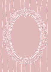 Rococo aesthetics. Hand drawn whimsy line art vintage frame with white fancy squiggles, ornamental and srtiped on pink background. Charming card template for design invitation, greeting card
