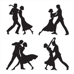 Obraz premium A collection of black vector illustrations featuring silhouettes of dancing people, including couples performing tango and women in fashion dresses, perfect for music, party, and wedding art