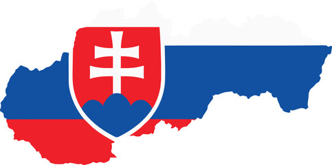 Fototapeta premium Outline map of Slovakia filled with its national flag colors red blue and white featuring the Slovak coat of arms in the center on a white background