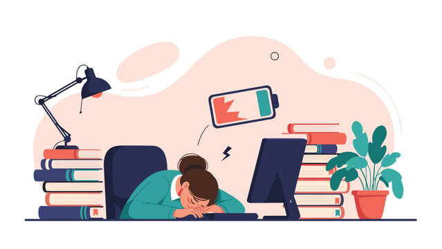 Tired office worker sleeping on her keyboard surrounded by stacks of books and a low battery symbol overhead.