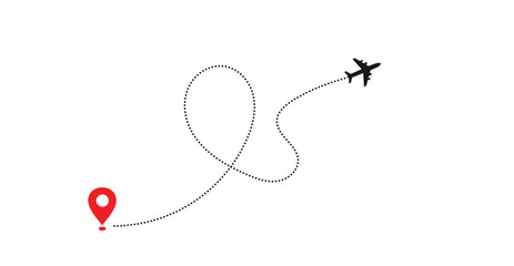 Airplane flight path with dotted route line and red location pin travel journey destination concept illustration on light background © Monwara67