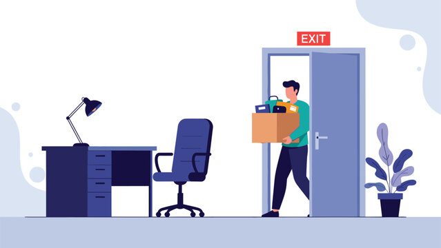 Man carrying a cardboard box of his personal items out of an empty office towards an exit door for a career change.