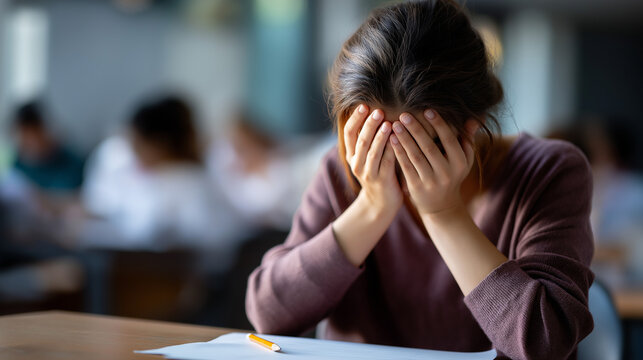 Faceless high school student having panic attack during exam covering face with hands stress and anxiety exam paper pencil and eraser on desk in front other students appearing