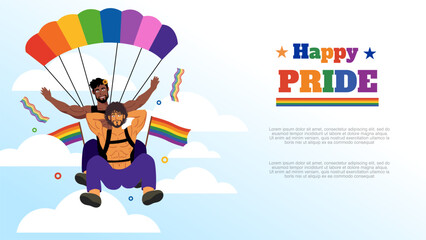 Two happy men tandem skydiving with rainbow parachute during pride month celebration © foxndeer