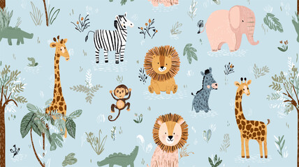 Fototapeta premium Safari animals pattern with giraffes, elephants, and lions on a light blue background. Cute cartoon jungle animals seamless pattern