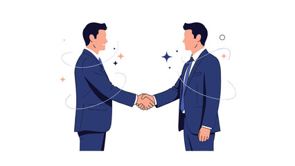 Fototapeta premium Two businessmen in professional suits shaking hands to finalize a deal or partnership with decorative star elements in the background.