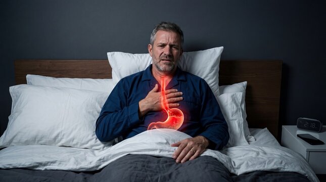 Man experiencing heartburn or GERD in bed at night. Gastric distress for health campaign or medical advertisement. Digestive system problem.