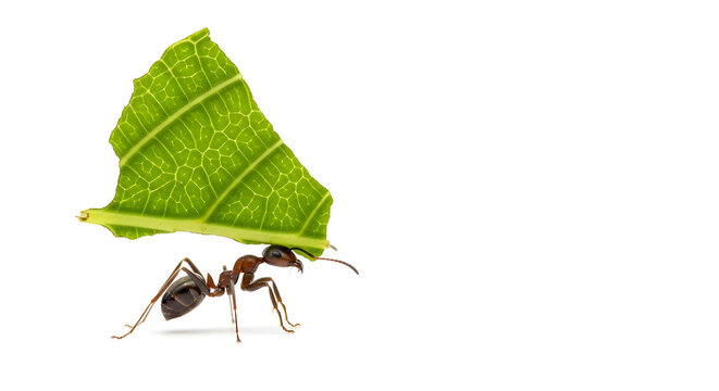 Creative macro photo of an ant carrying a green leaf piece, isolated on white background, high detail.