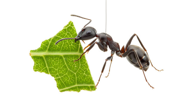 Creative macro photo of an ant carrying a green leaf piece, isolated on white background, high detail.