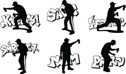 Graffiti artist silhouette set, street art spray painting action poses, urban hip hop culture vector illustration collection © Sarjina's World