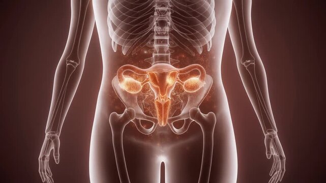 Medical animation shows ovaries releasing hormones into the bloodstream with glowing particles in a clear illustration of the process