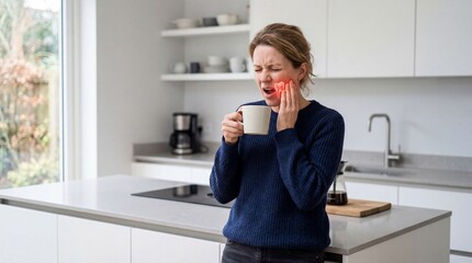 Woman experiencing toothache in home kitchen, holding warm drink and grimacing in pain. Dental sensitivity concept.