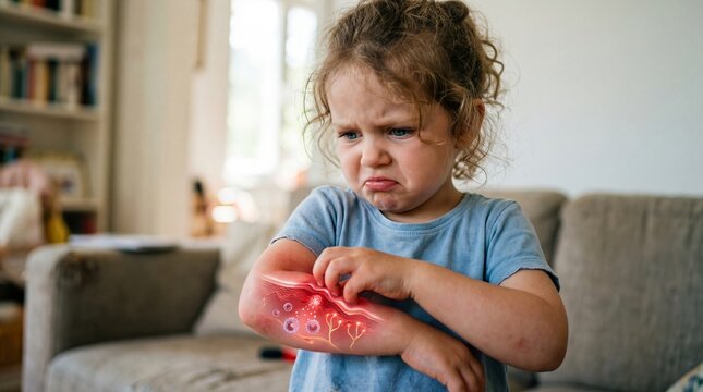 Little child scratching arm with microscopic skin inflammation. Kid with allergy, eczema, rash, or dermatitis. Pediatric healthcare concept.