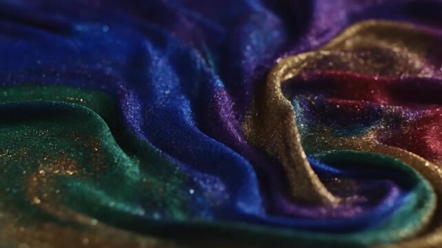 A flowing silk fabric design featuring abstract snake and peacock patterns with smooth liquid waves of purple and blue satin texture