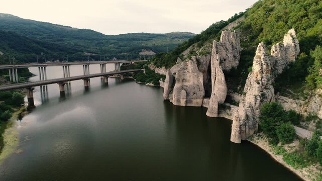 Wonderful Rocks or Chudnite Skali, near Asparuhovo village. Aerial view of a bridge crossing the Tsonevo lake reservoir near Varna, Bulgaria. 