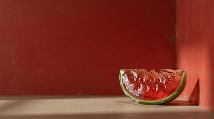 マットなトープベージュ面の隅に配置された、半透明でぷるんとしたゼリースイカの静物。
スムースなレトロレッド背景との豊かなコントラストが印象的です。
指向光が内部拡散と屈折影を際立たせ、自然な結露がリアリティを強調。
広い余白があり、広告やサマービジュアル、ポップな販促素材に最適です。