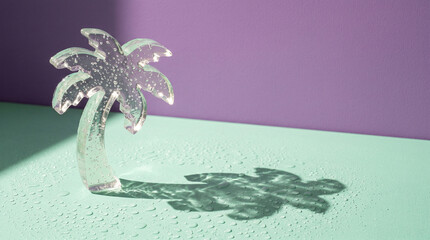 マットなミントグリーン面に置かれた透明ゼリー製ヤシの木の静物イメージ。
パープル背景とのレトロ配色が大胆なコントラストを生み出します。
強い自然光が発光するエッジと透過影を描き、気泡や弾力を強調。
広い余白があり、夏広告やポップキャンペーンに最適です。