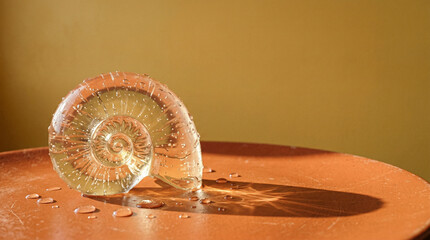 マットなバーントオレンジ面に置かれた半透明ゼリー貝殻の静物イメージ。
マスタード背景との暖色レトロ配色が印象的なコントラストを演出します。
強い自然光がサブサーフェスグローと屈折影を生み、気泡や弾力を強調。
広い余白があり、夏広告やポップキャンペーンに最適です。