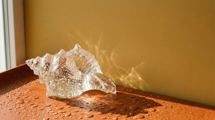 マットなバーントオレンジ面に置かれた半透明ゼリー貝殻の静物イメージ。
マスタード背景との暖色レトロ配色が印象的なコントラストを演出します。
強い自然光がサブサーフェスグローと屈折影を生み、気泡や弾力を強調。
広い余白があり、夏広告やポップキャンペーンに最適です。