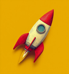 Vibrant red and white toy rocket with blue window on yellow background