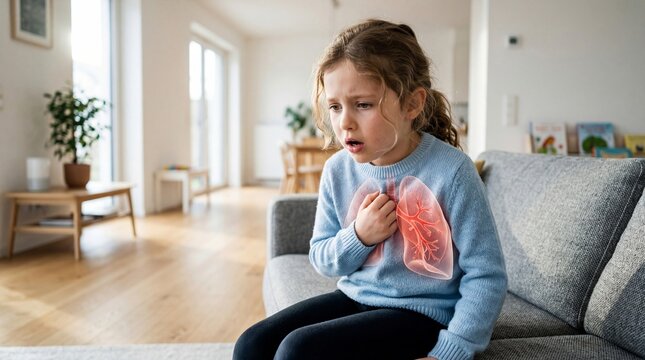 Little girl with chest pain and transparent lung illustration. Healthcare concept for asthma, respiratory disease, or pediatric illness.