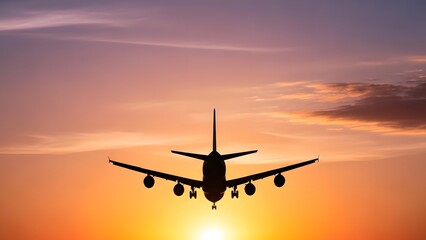 Passenger Airplane Silhouette Flying Against Dramatic Sunset Sky