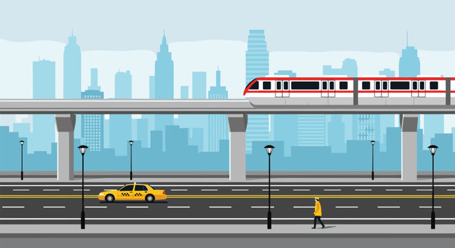 Urban metro train running on elevated bridge above city road modern transportation vector illustration