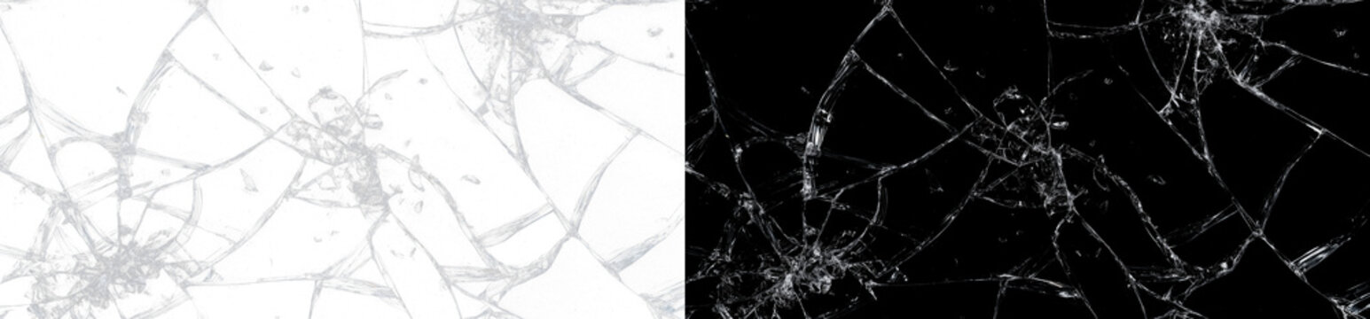 White broken glass with cracks covering the entire illustration on a split black-and-white background.