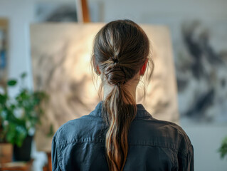 Woman with long hair tied in a low knot standing in front of an abstract painting in a bright art studio surrounded by green plants and creative decor