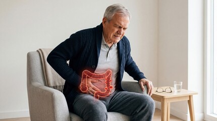 Fototapeta premium Old man suffering from severe colon pain sitting on a sofa. Elderly male with bowel problem, colon disease, digestive system issue.