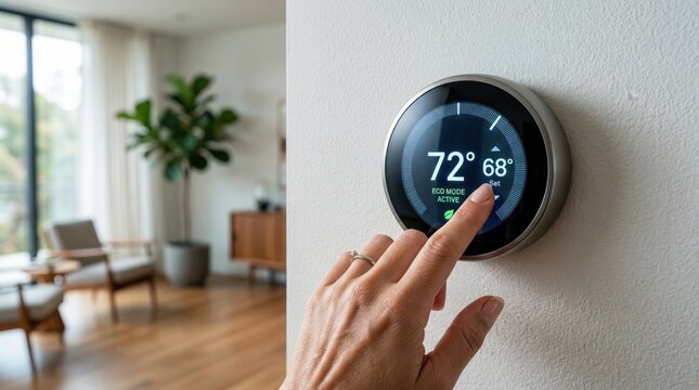 Woman's hand adjusting a smart thermostat in eco mode, showcasing modern home automation and energy efficiency for a sustainable lifestyle.