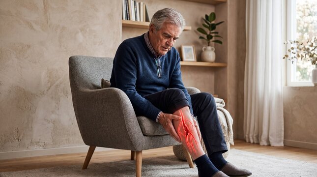 Senior man sitting in armchair and touching his leg with pain from deep vein thrombosis. Concept of painful medical condition, health, and aging.