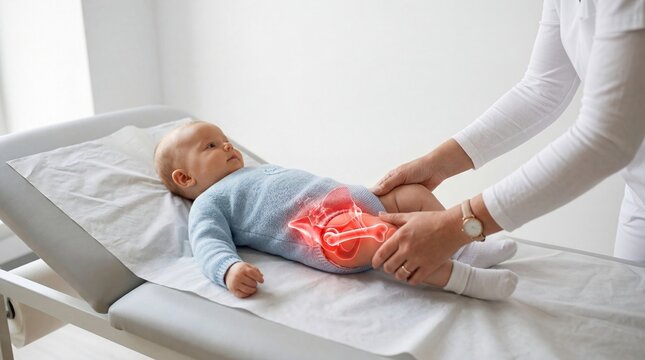 Woman pediatrician examining baby for hip dysplasia. Infant diagnosis of bone problem and medical care concept for pediatric health.