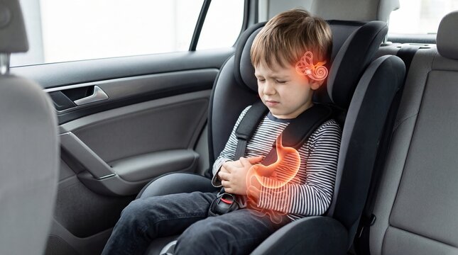 Little boy suffering from motion sickness with stomach and inner ear highlighted in car seat. Healthcare, medicine, disease, and children health.