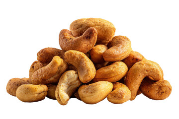 Fototapeta premium Pile of roasted cashews isolated on transparent background. Pile of seasoned cashews isolated on white background.